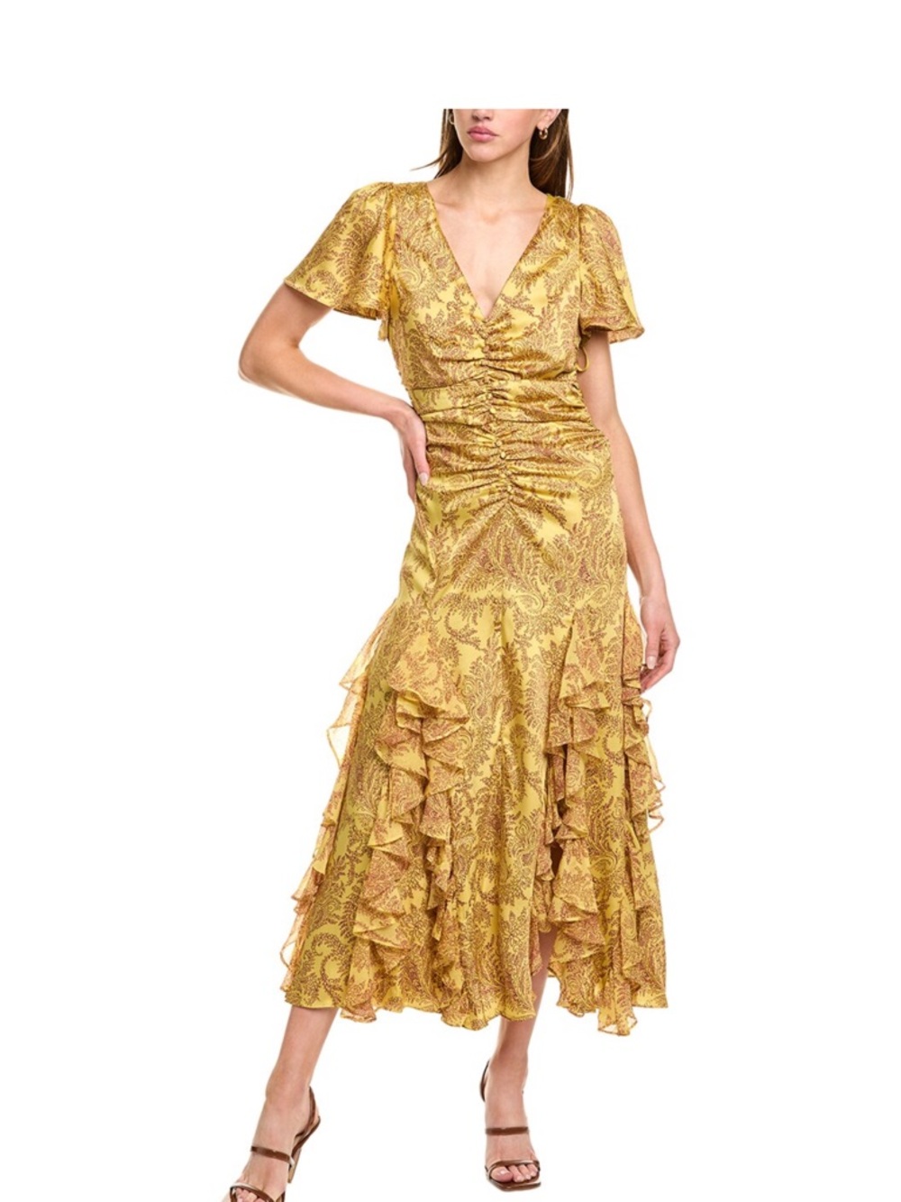 cinq a sept Olympia Golden Paisley Ruffle Midi Dress